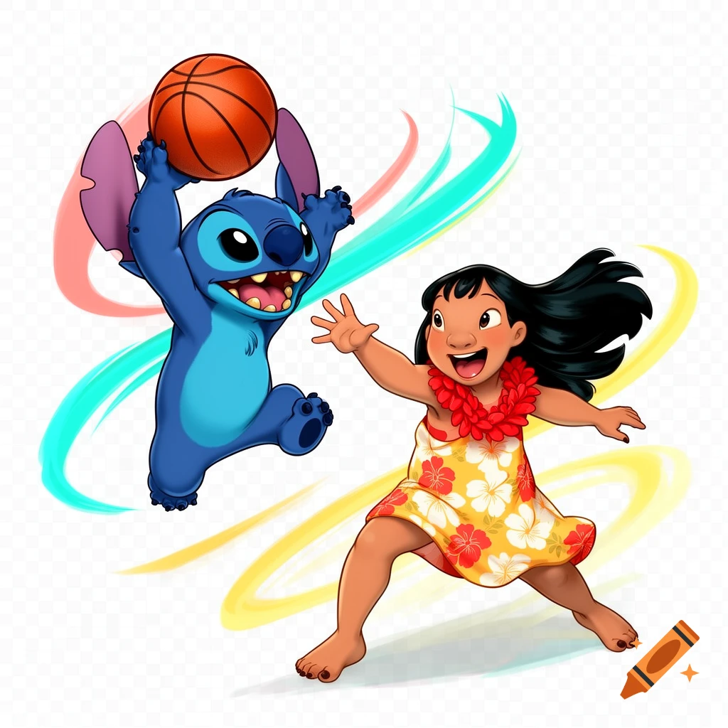Cartoon illustration of Stitch jumping with a basketball and Lilo reaching out, on a transparent background with colorful swooshes.