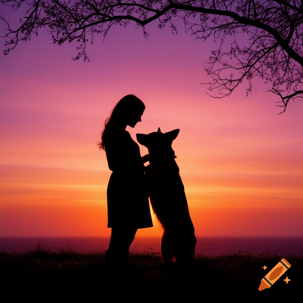 Silhouette of a woman embracing a dog against a vibrant purple and orange sunset, with a tree branch overhead.