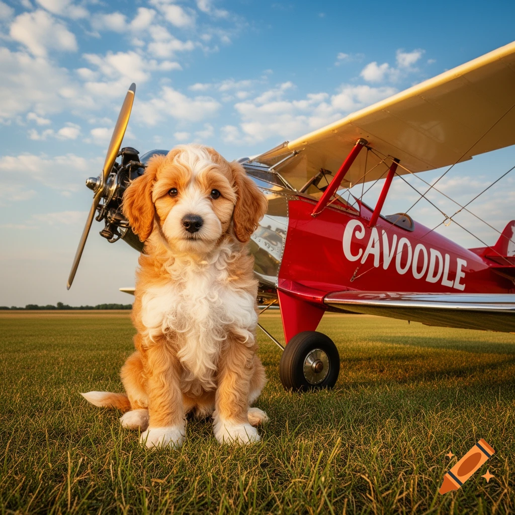 A golden and white Cavoodle puppy sits on grass in front of a red biplane under a blue sky. Photorealistic.