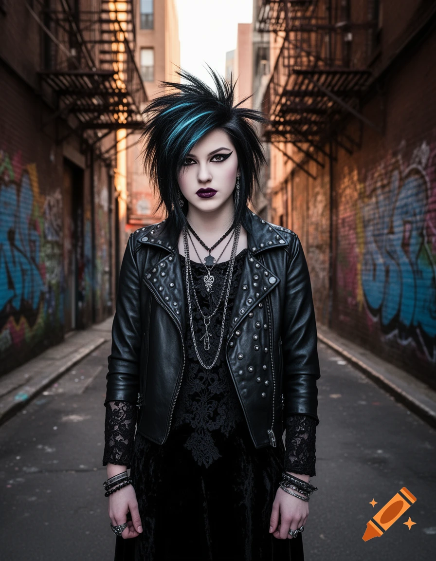 A woman with dark spiky hair with blue streaks and heavy makeup, wearing a black leather jacket, stands in a graffiti-covered alley.