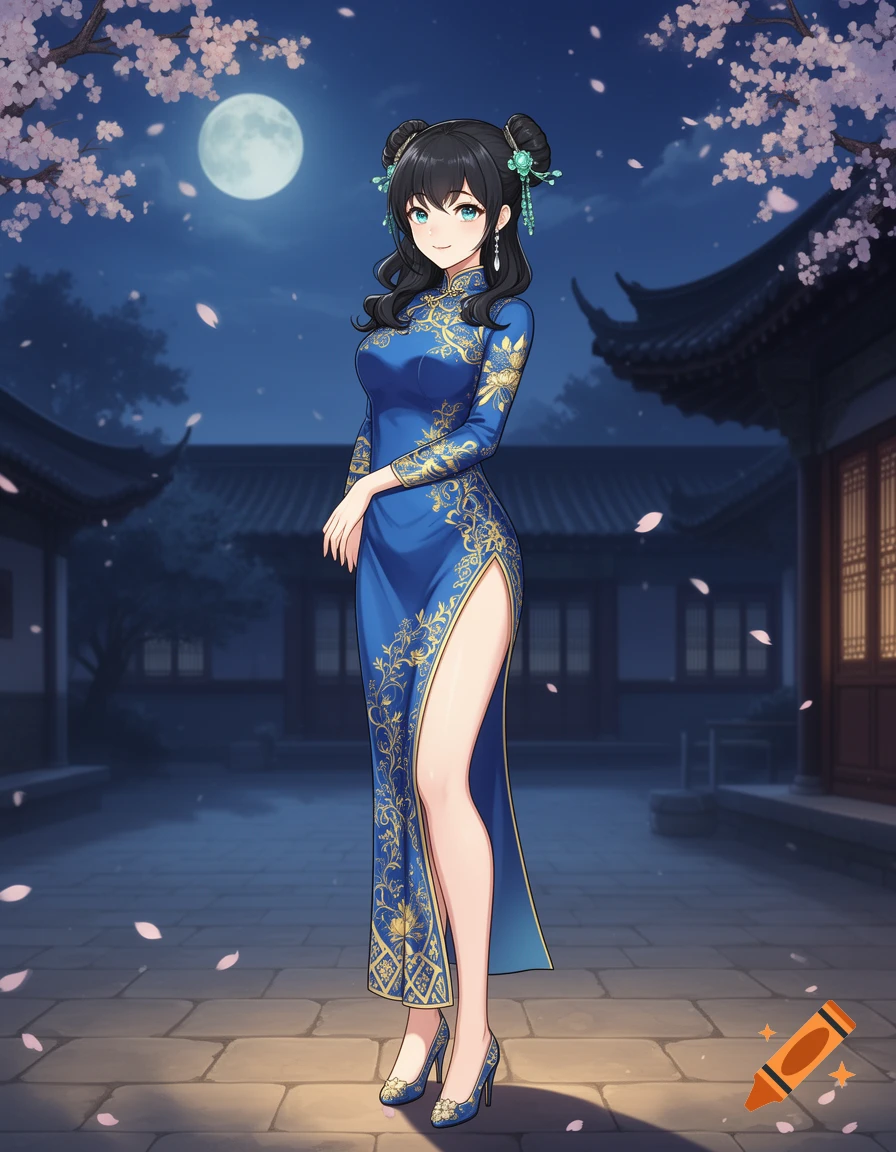 An anime girl with black hair and blue eyes, wearing a blue and gold qipao, stands in an Asian courtyard under a full moon with falling cherry blossoms.