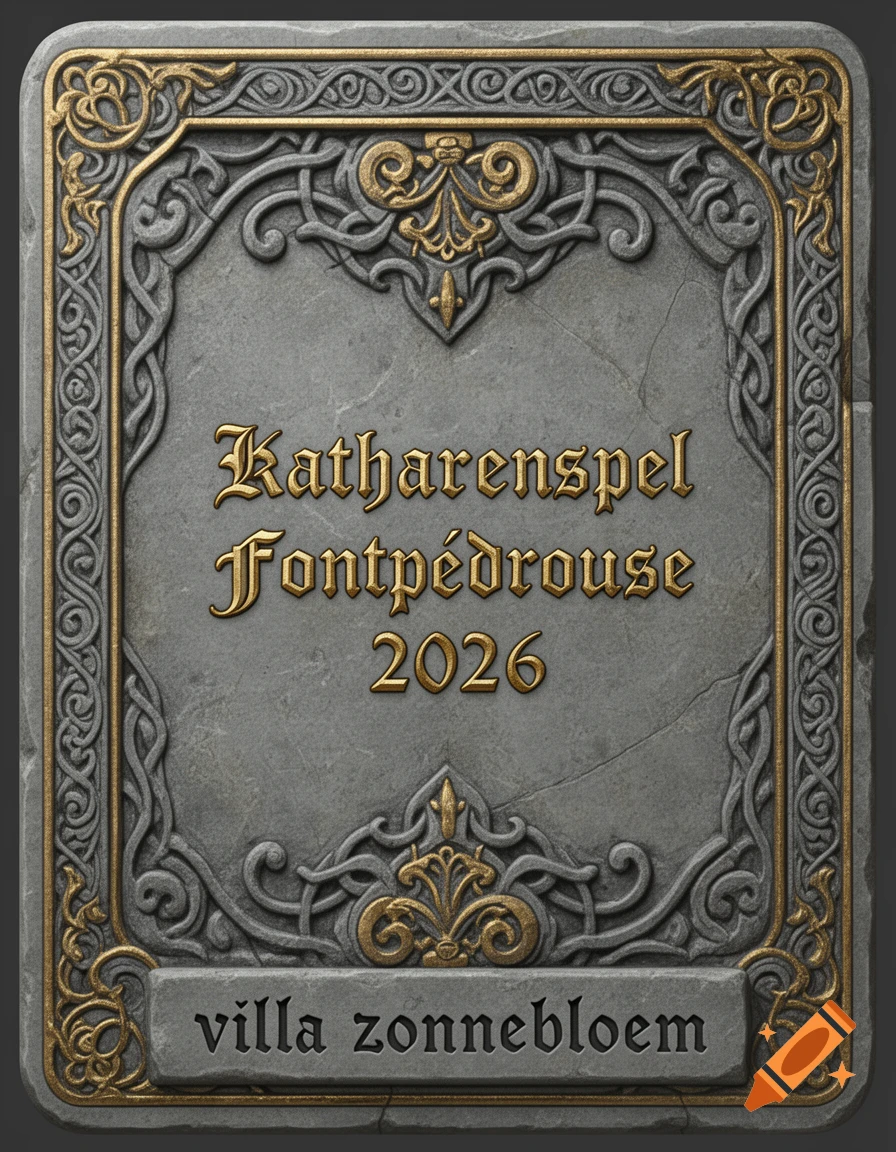 A detailed medieval-style stone plaque with ornate gold and gray carvings, featuring the text "Katharenspel Fontpédrouse 2026" and "villa zonnebloem".