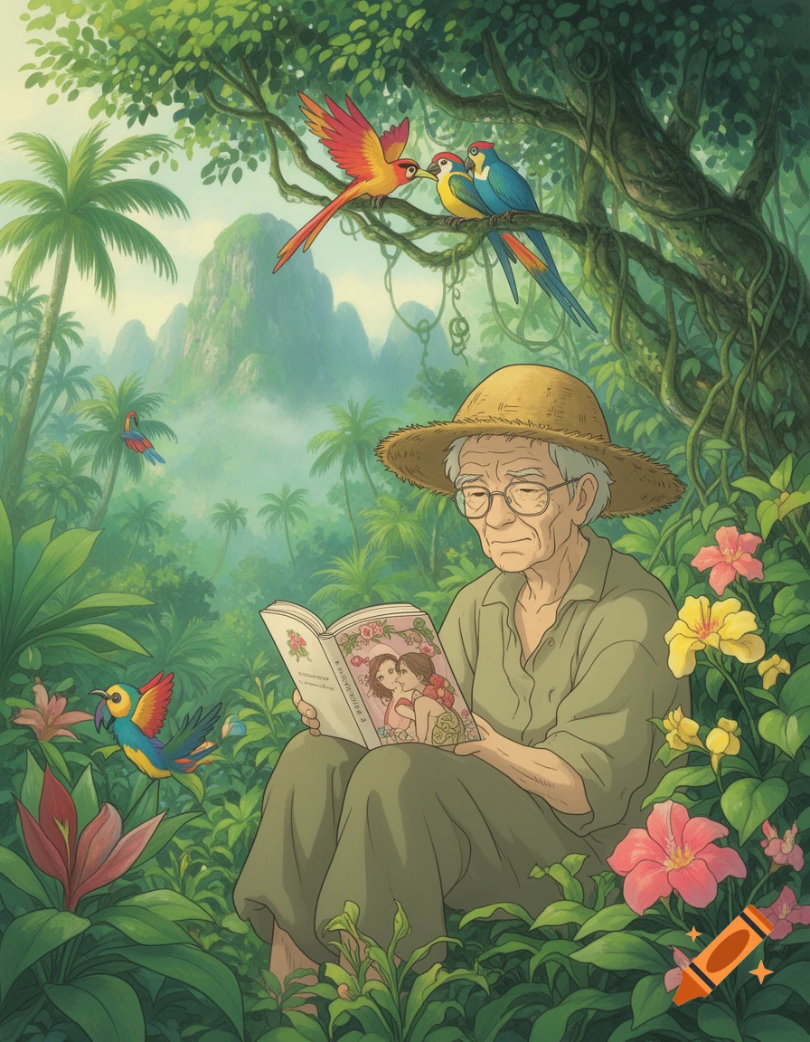 An old man with a straw hat reads a book in a lush Ghibli-style jungle with colorful birds and tropical flowers.