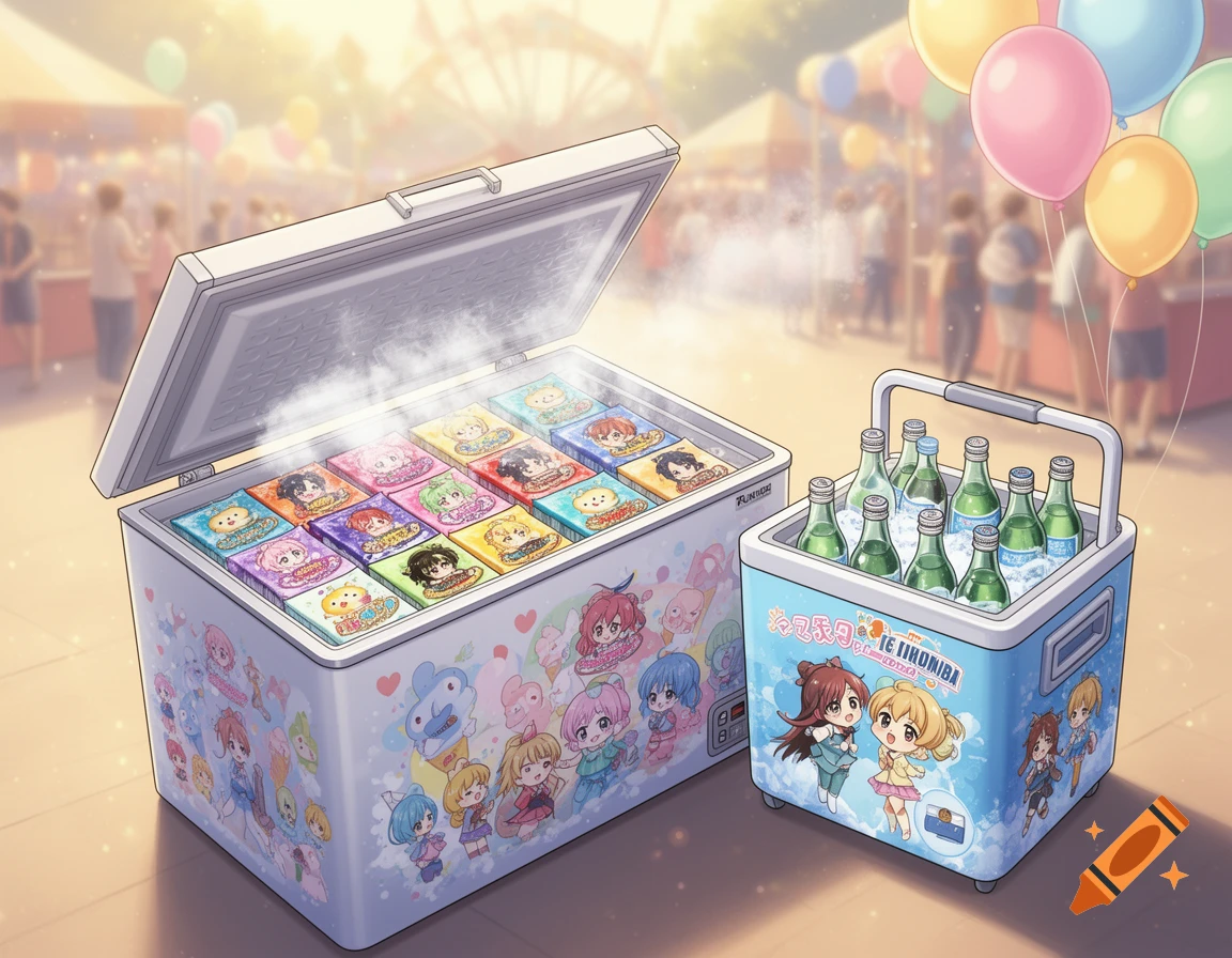 An anime-style image of an open chest freezer filled with colorful ice cream, next to a blue portable cooler with cold drinks, at an outdoor fair.
