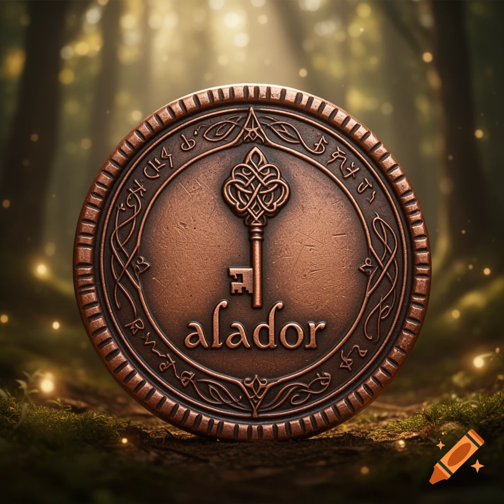 A detailed copper coin with an intricate key design in the center and the word 'alador' below it, set in a magical forest.
