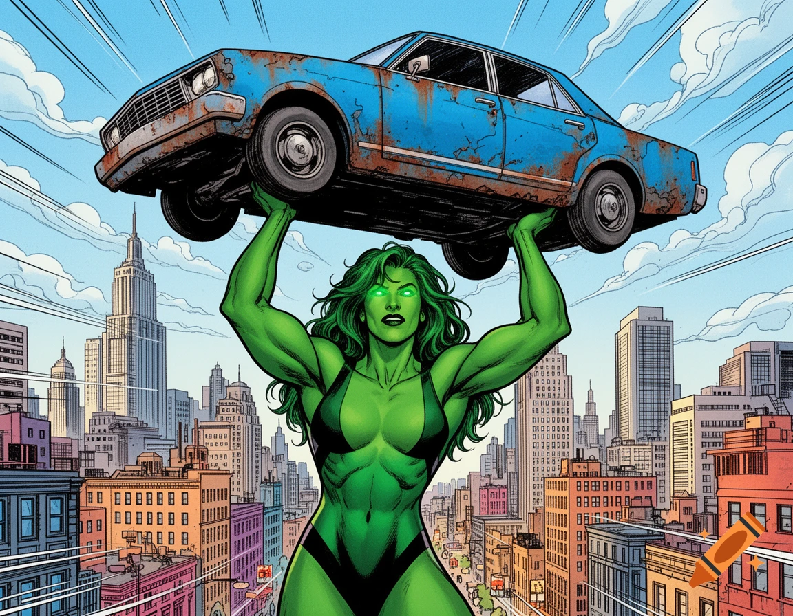 Muscular green She-Hulk lifts a rusty blue car over her head against a city background, in comic book art style.