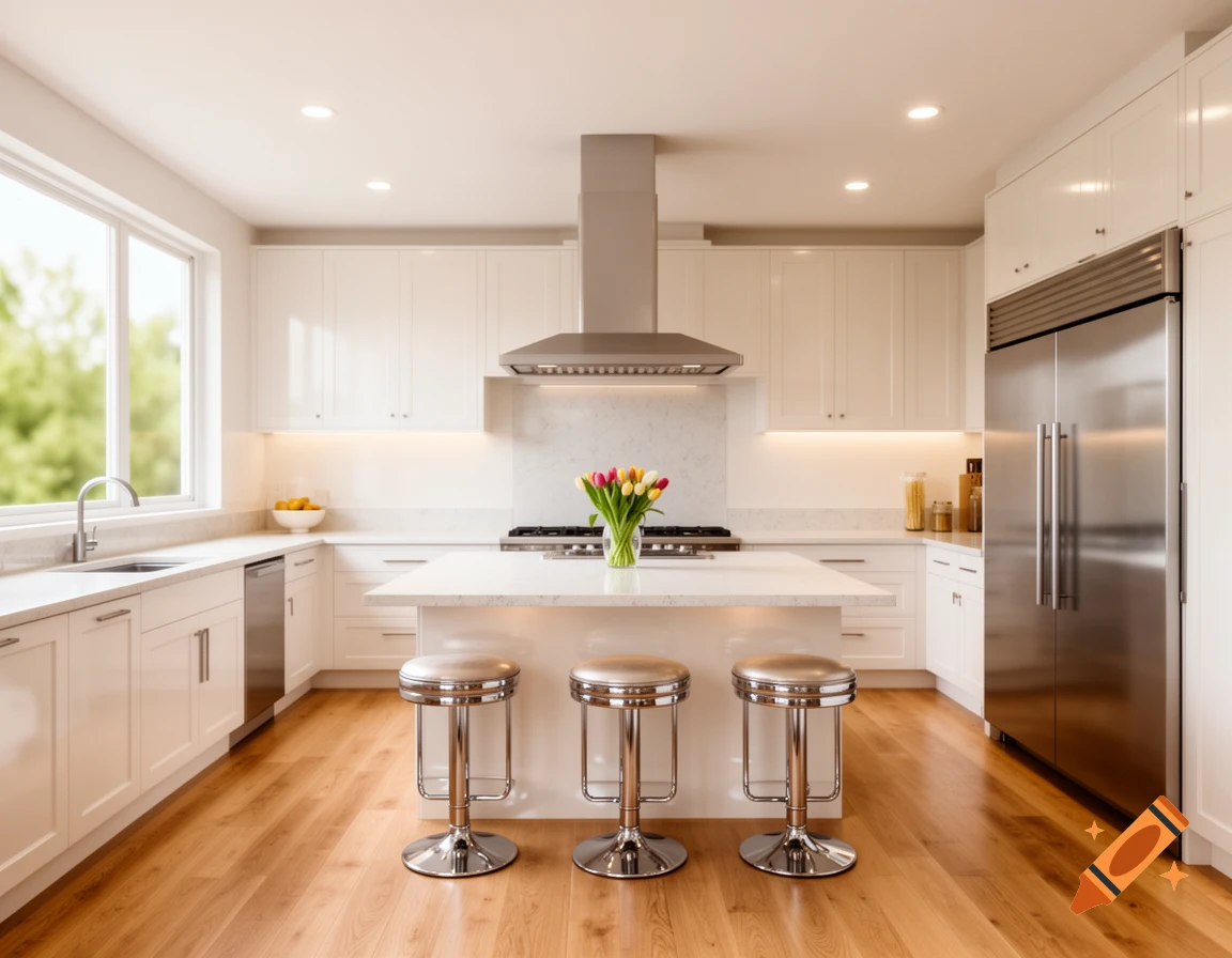 A modern, bright kitchen with white cabinets, stainless steel appliances, a kitchen island with bar stools, and a window.