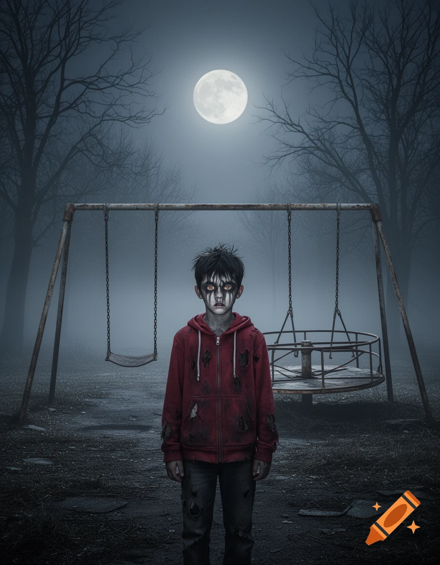A creepy boy with dark makeup, glowing yellow eyes, and torn clothes stands in a foggy, dilapidated playground under a full moon, in a photorealistic horror style.