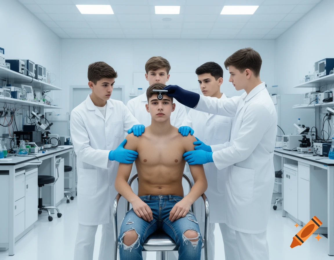Young male scientists in lab coats and blue gloves examine a shirtless male in ripped jeans in a sterile white laboratory, photorealistic.