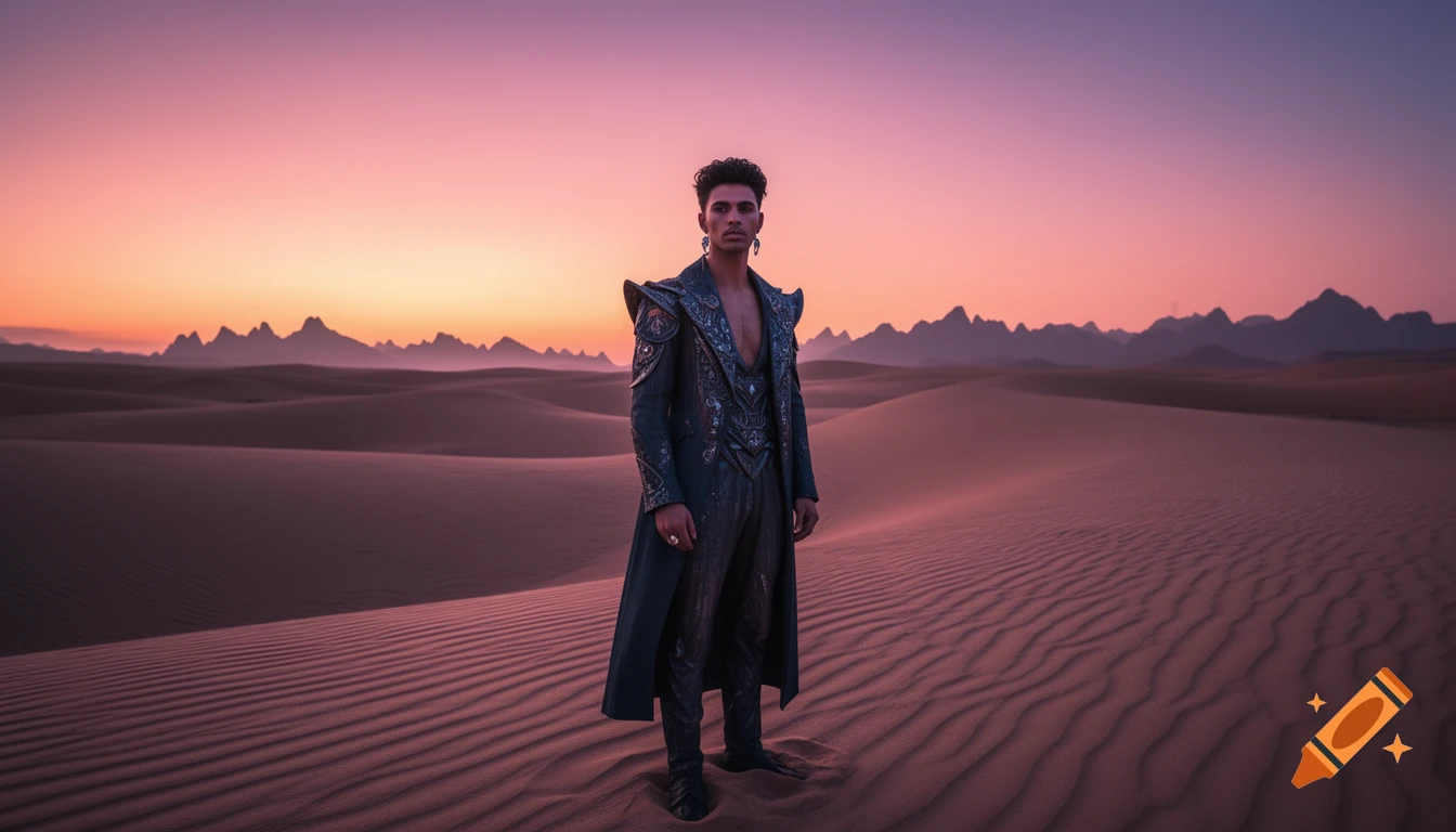 A man in an ornate dark coat stands in a vast desert landscape at sunset, with mountains in the background.