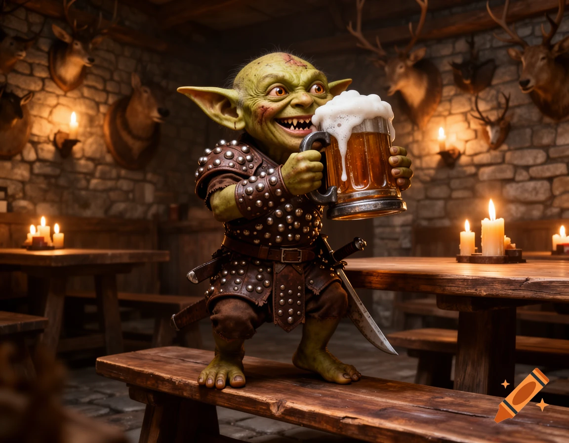 A cheerful green goblin in studded armor stands on a bench in a rustic tavern, happily holding up a tankard of frothy beer.