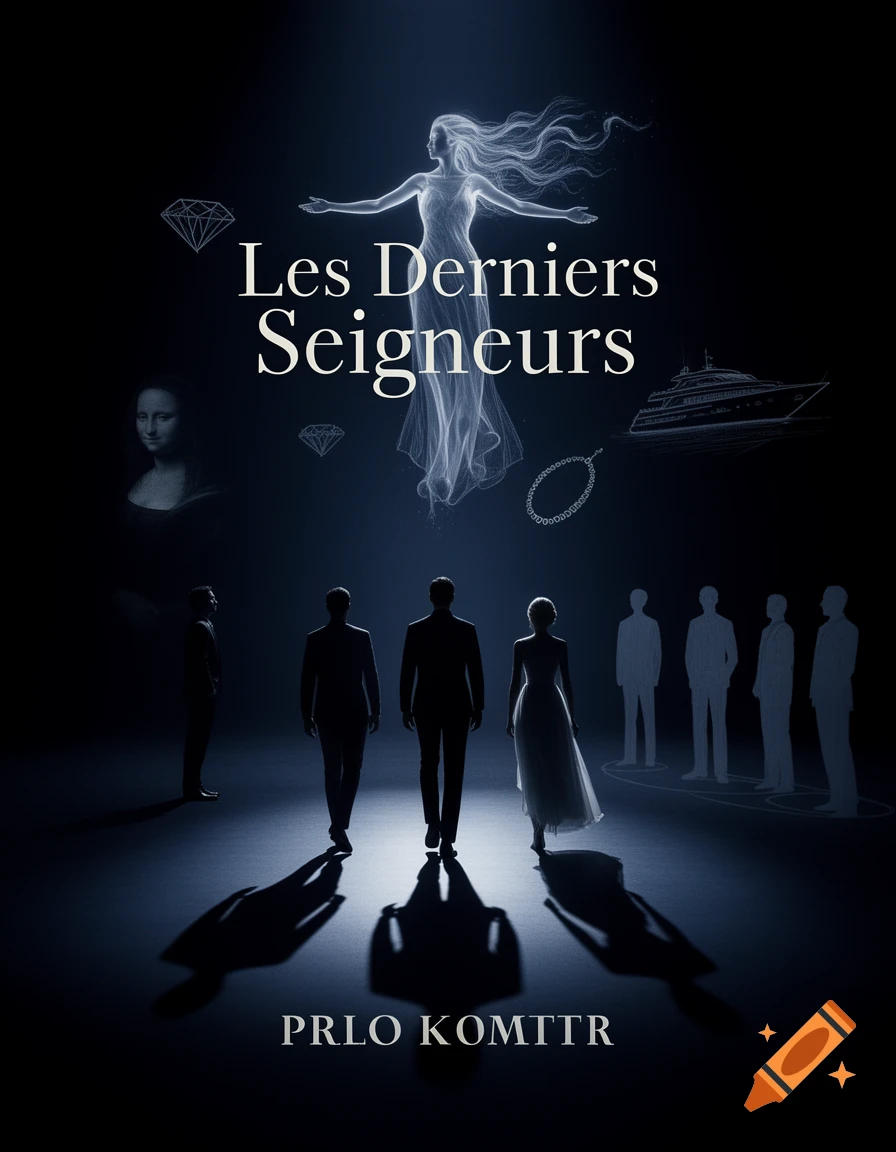 Stylized dark book cover with "Les Derniers Seigneurs" at the top. Silhouettes of people walk below a glowing ethereal woman, surrounded by outlines of a yacht, diamonds, and the Mona Lisa.