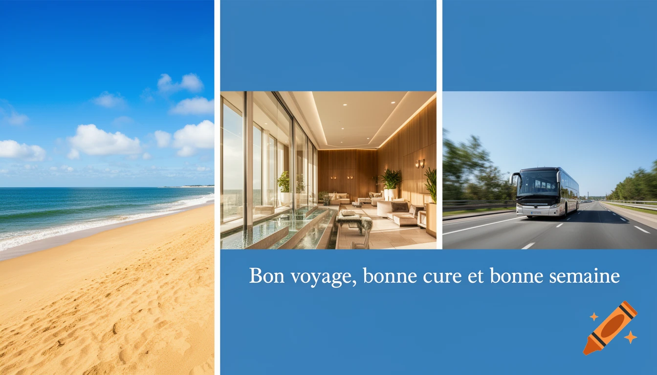 A multi-panel image featuring a sunny beach, a modern spa interior, a travel bus on a highway, and French text.