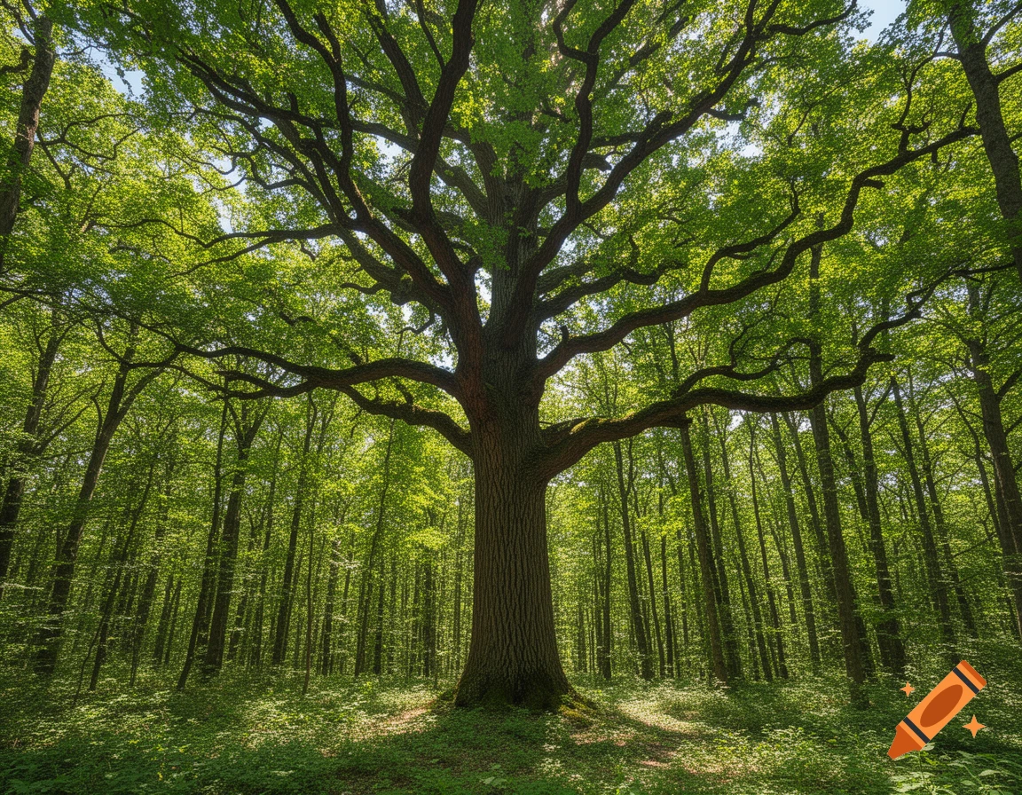 A majestic, large oak tree with sprawling branches stands prominently in a lush, green forest with sunlit undergrowth.