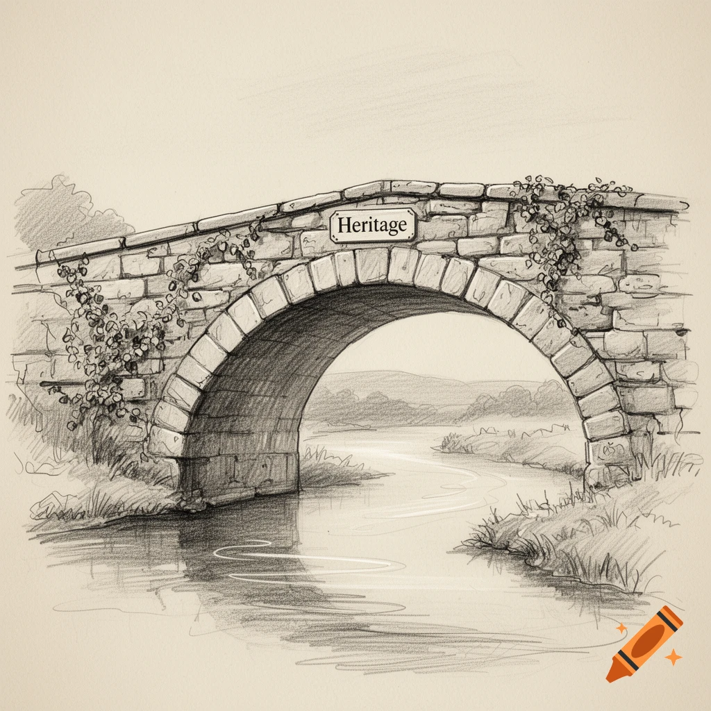 Pencil sketch of an arched stone bridge with vines over a river, a sign reading 'Heritage', and hills in the background.