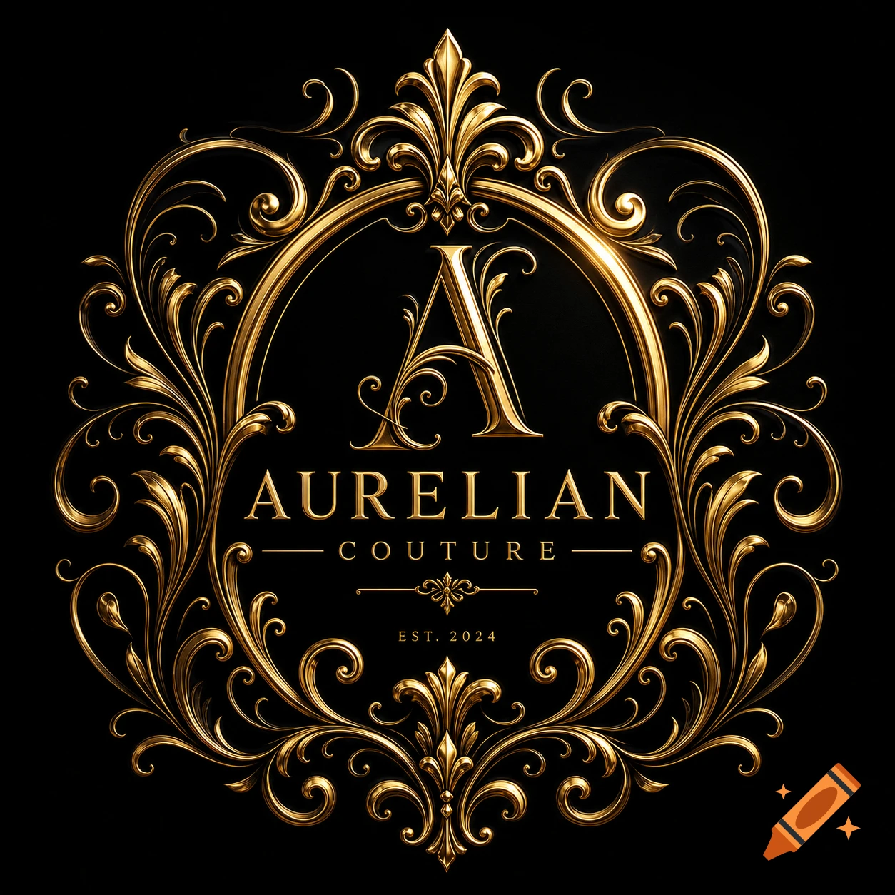 An ornate gold logo with a central 'A', 'AURELIAN COUTURE', and 'EST. 2024', set against a black background with swirling filigree.