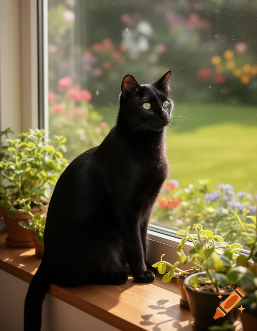 A sleek black cat with green eyes sits on a sunlit wooden windowsill ...