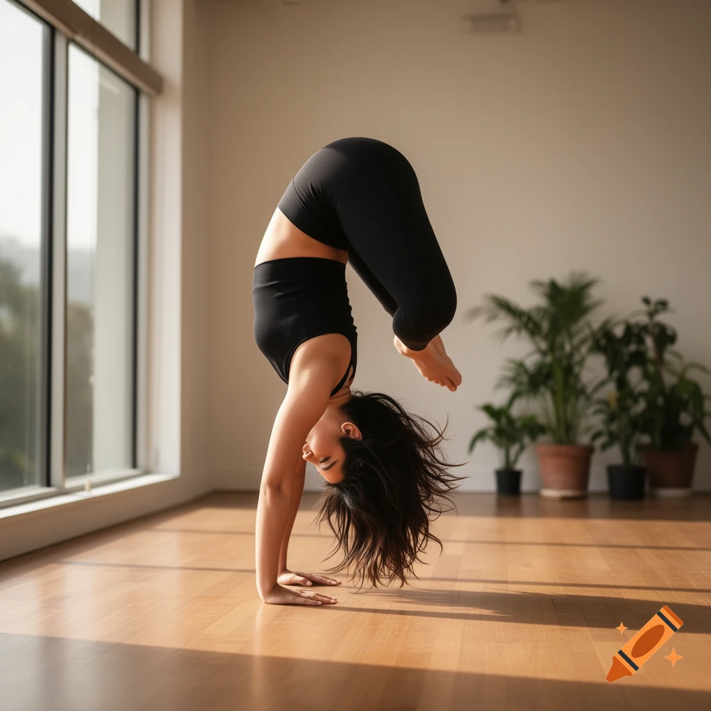 A woman in a black crop top and leggings performs a handstand on a wooden floor in a sunny yoga studio.