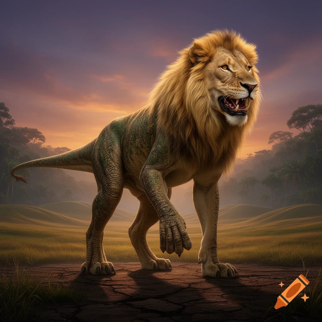 A photorealistic hybrid creature, part lion with a mane and part dinosaur with scales, stands on a dirt path in a grassy plain under a sunset sky.
