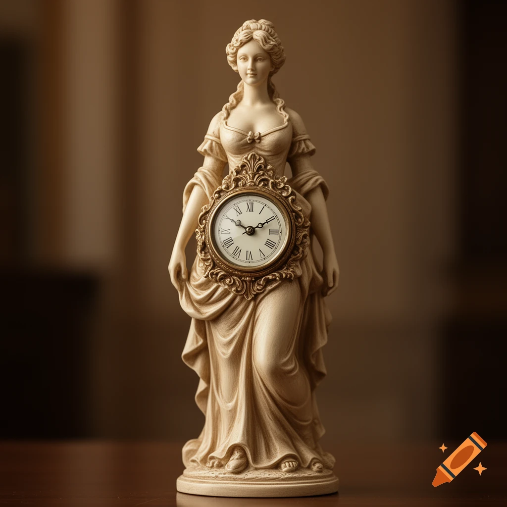 A cream-colored classical statue of a woman with an ornate gold clock integrated into her belly.