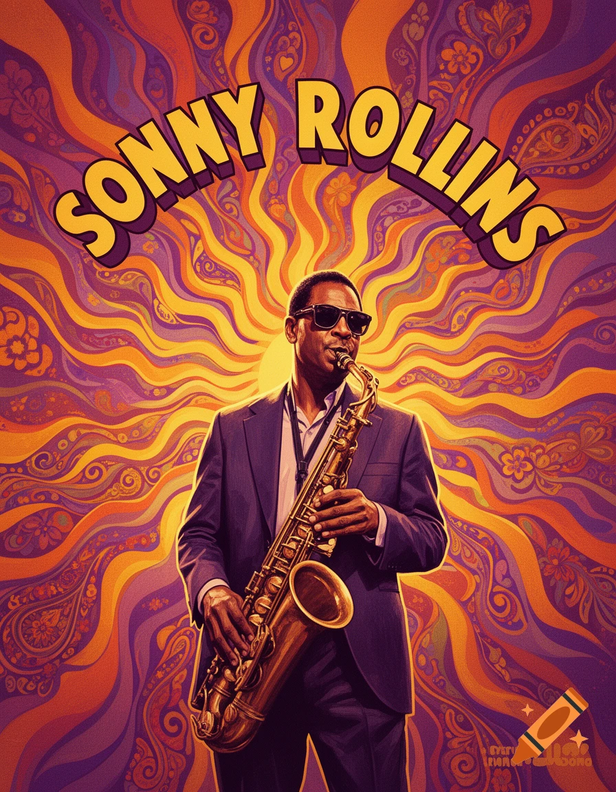 Sonny Rollins playing a saxophone against a vibrant psychedelic background in a 1960s rock concert poster style. His name is written in bold yellow letters at the top.