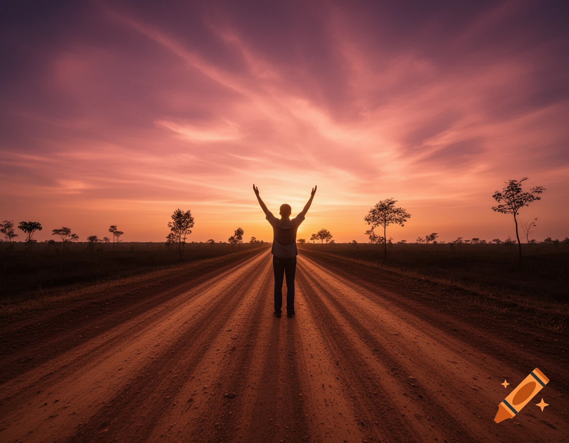 Silhouette of a person with raised hands on a dirt road at sunset, surrounded by sparse trees against a vibrant sky.