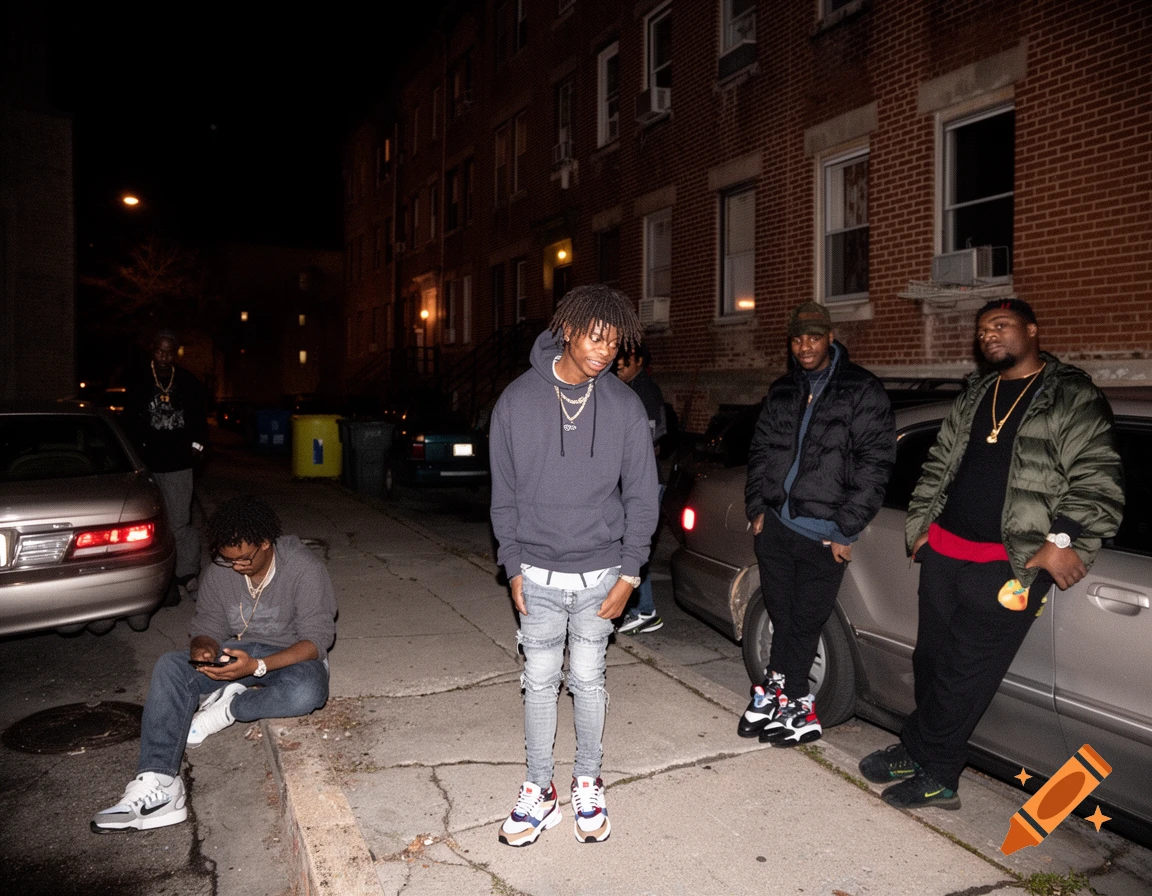 A group of young Black men in streetwear hang out on a dark urban street at night, with one sitting on the curb, others standing by parked cars and brick buildings.
