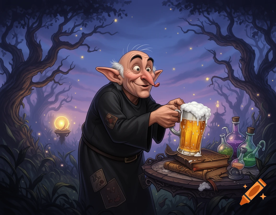 A cartoon wizard or goblin with a long nose holds a foamy beer mug in a magical dark forest.