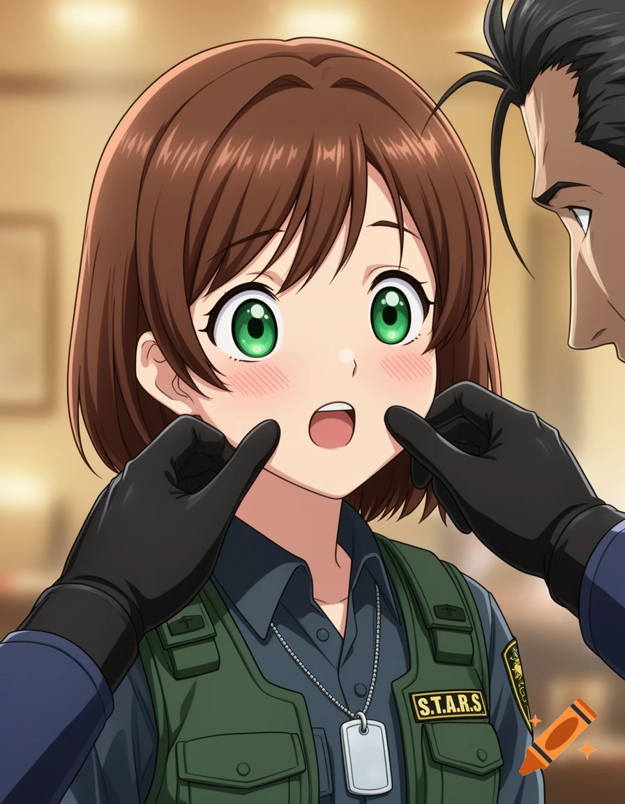 Anime style illustration of Rebecca Chambers blushing as gloved hands gently pinch her cheeks.