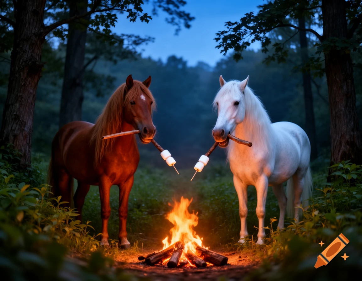 Two photorealistic horses toast marshmallows over a campfire in a dark forest.