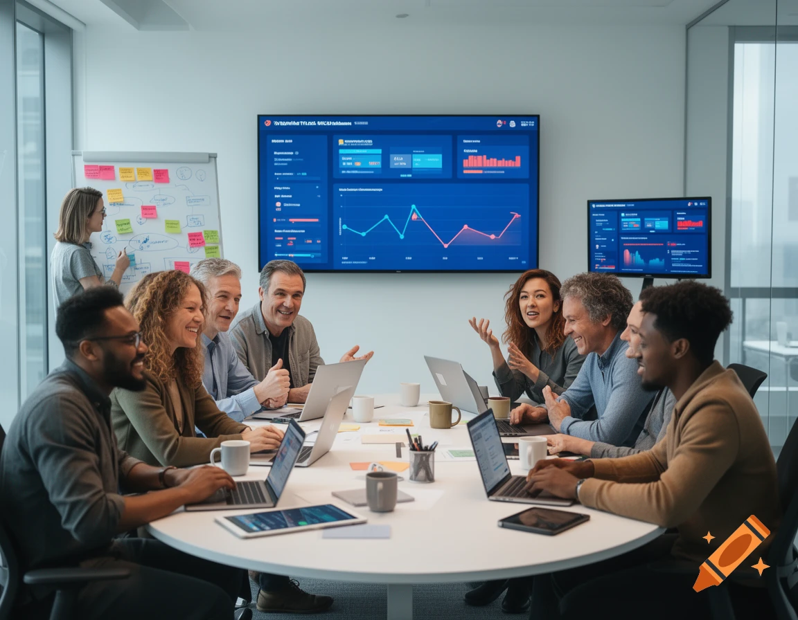 A diverse group of business professionals smiling and interacting around a conference table with laptops and monitors displaying data. A woman writes on a whiteboard in the background.