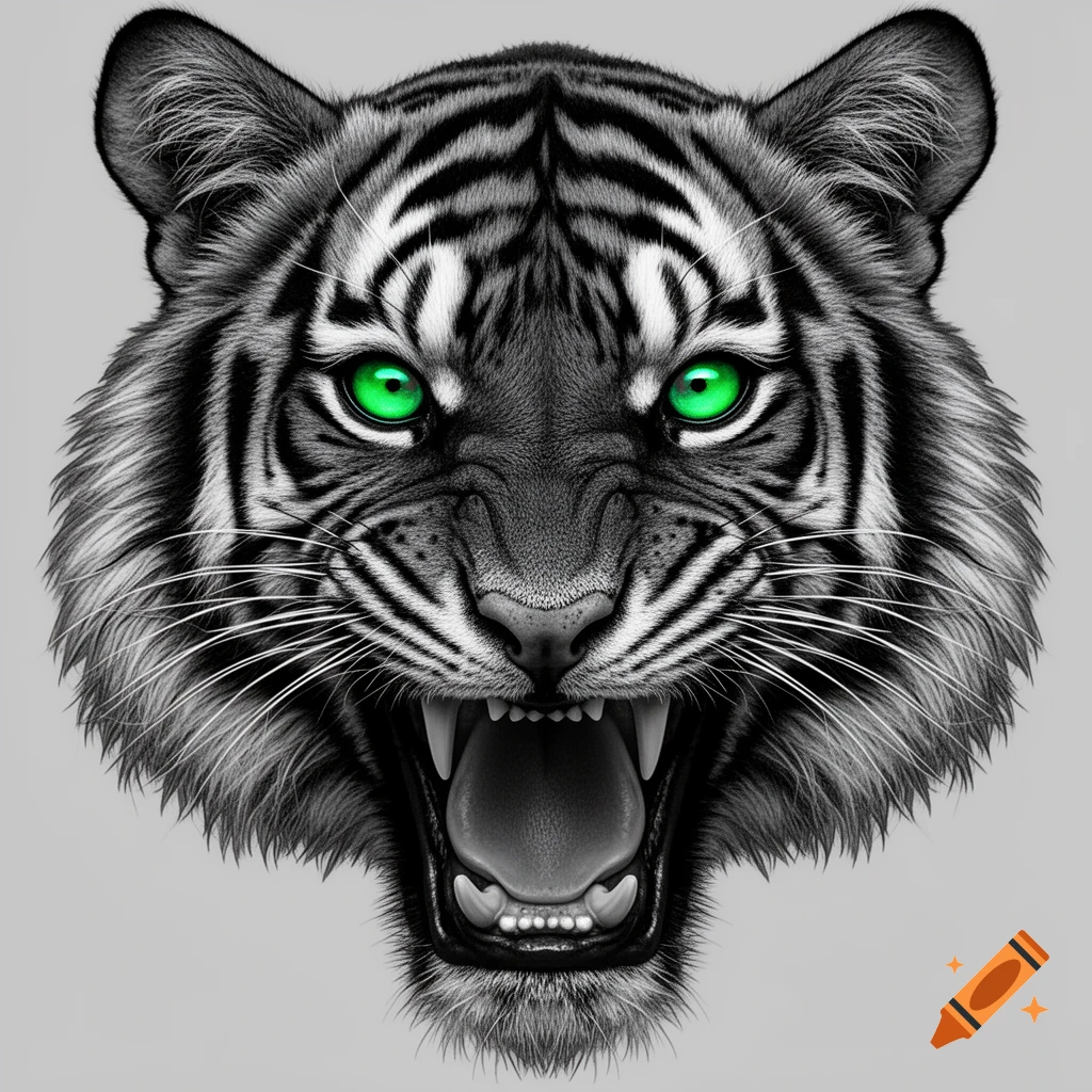 A realistic black and white tiger head with glowing green eyes and an open, snarling mouth, depicted as a tattoo design.