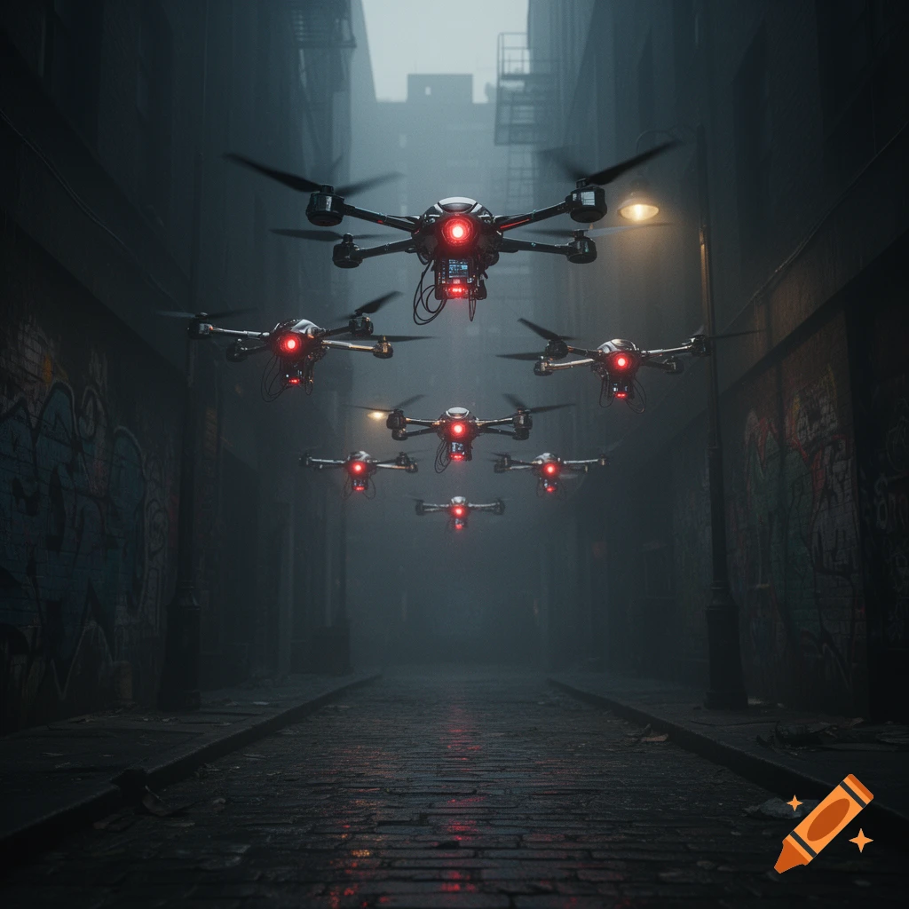 Multiple menacing drones with red glowing lights fly through a dark, foggy urban alley with graffiti-covered walls, in a photorealistic style.