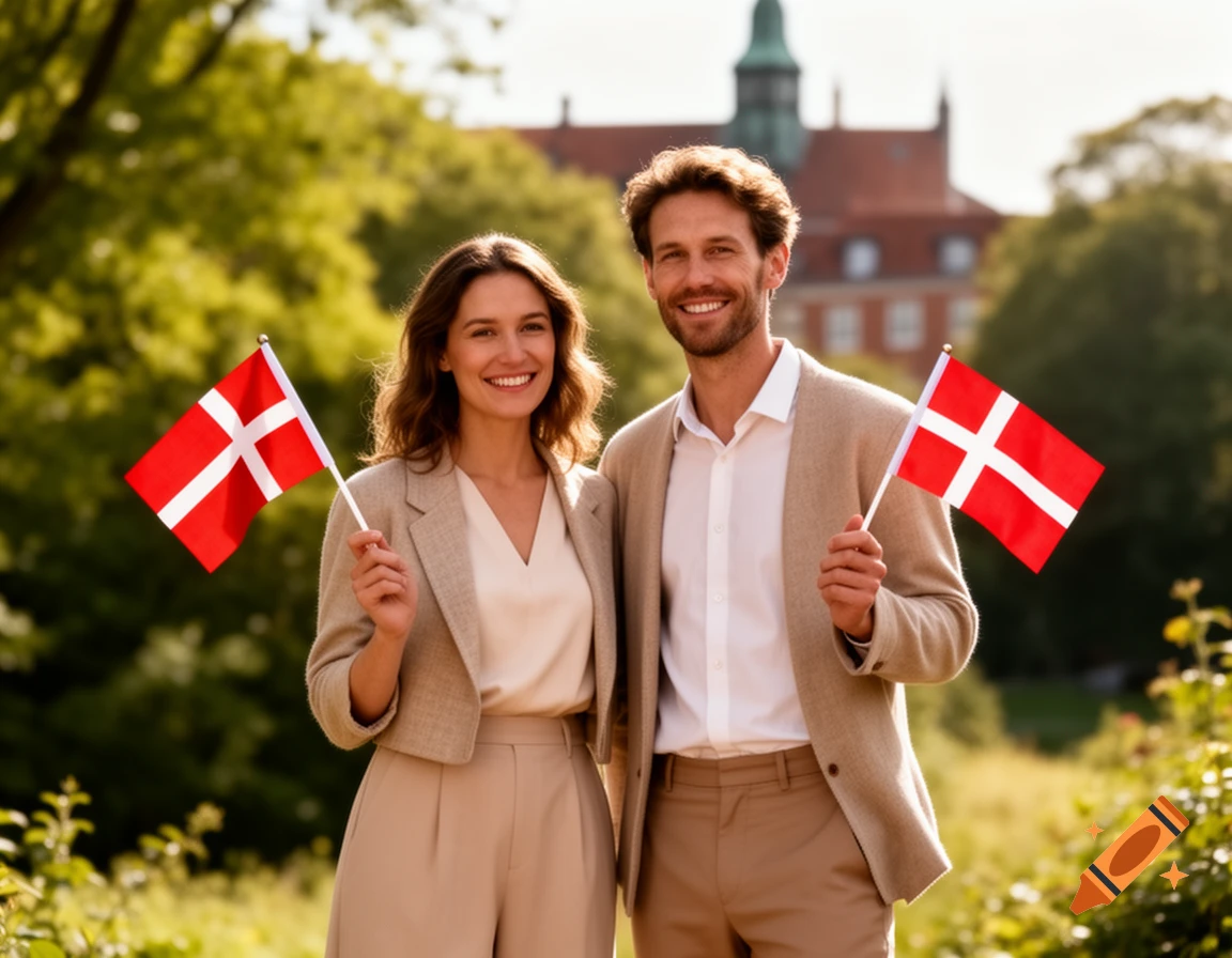 A smiling man and woman stand outdoors on a sunny day, each holding a small Danish flag. A building and trees are in the background.