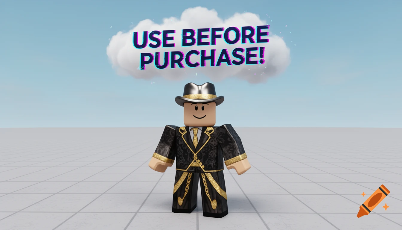 A Roblox character in a black and gold suit and fedora on a grid baseplate, with 'USE BEFORE PURCHASE!' text in a cloud above.