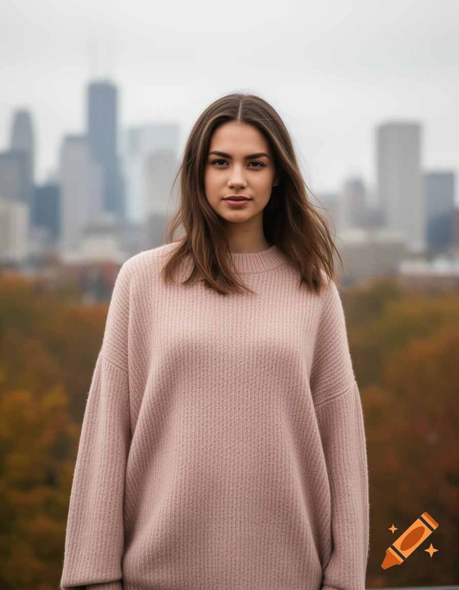 A young woman in a light pink sweater stands outdoors against a blurred city skyline.