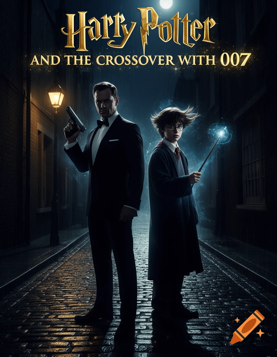 Movie poster of a man with a gun and Harry Potter with a glowing wand in a rainy alley. Title: 'Harry Potter AND THE CROSSOVER WITH 007'.