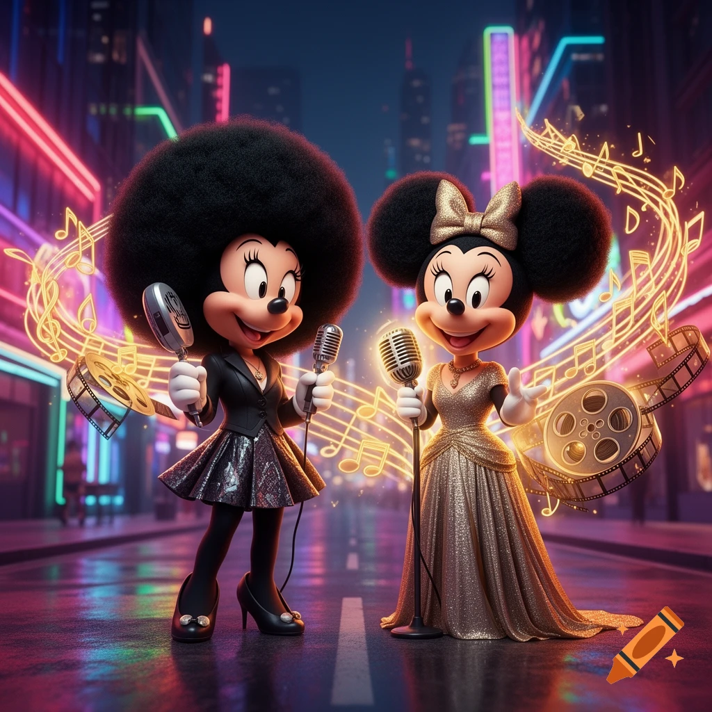 Two Minnie Mouse characters with large afros sing into microphones on a neon-lit city street, surrounded by glowing musical notes.