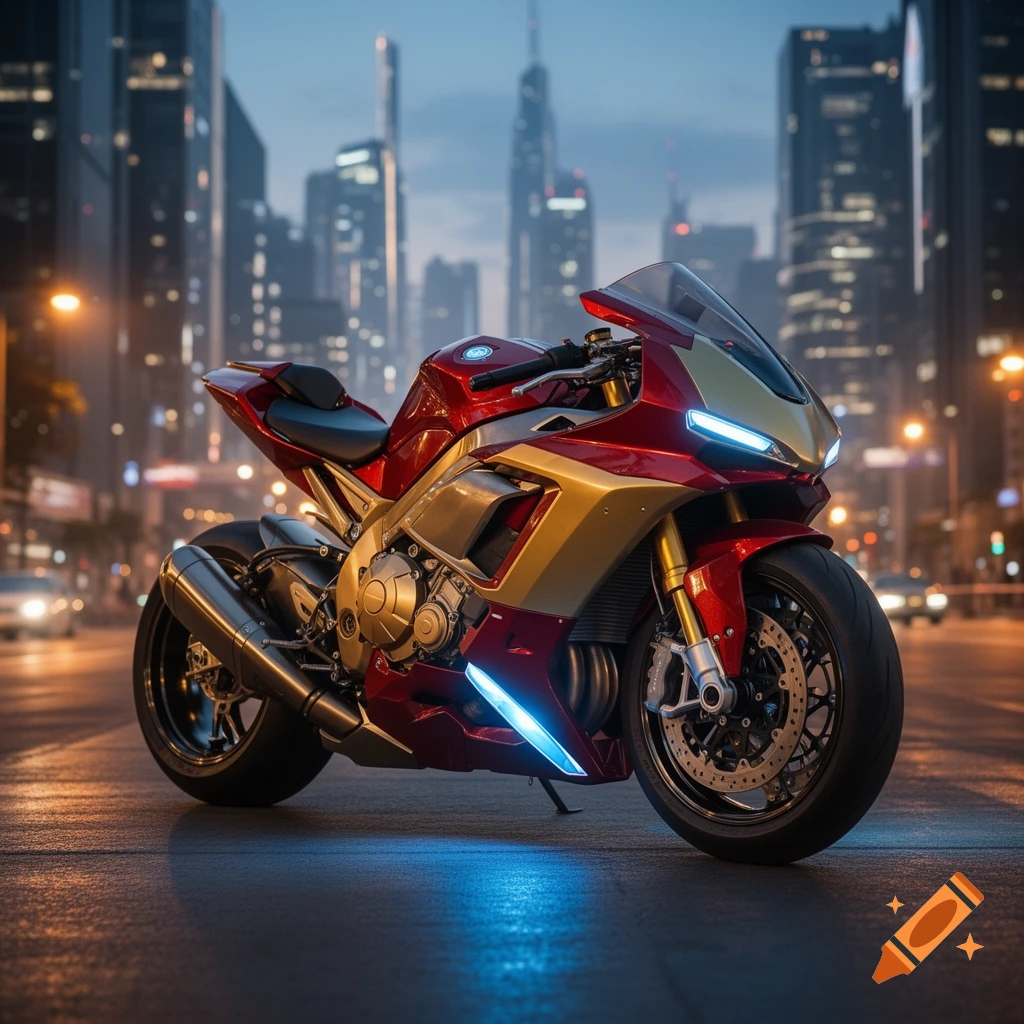 A red and gold Iron Man-themed sport motorcycle with blue underglow lights parked on a wet city street at night, with skyscrapers in the background.