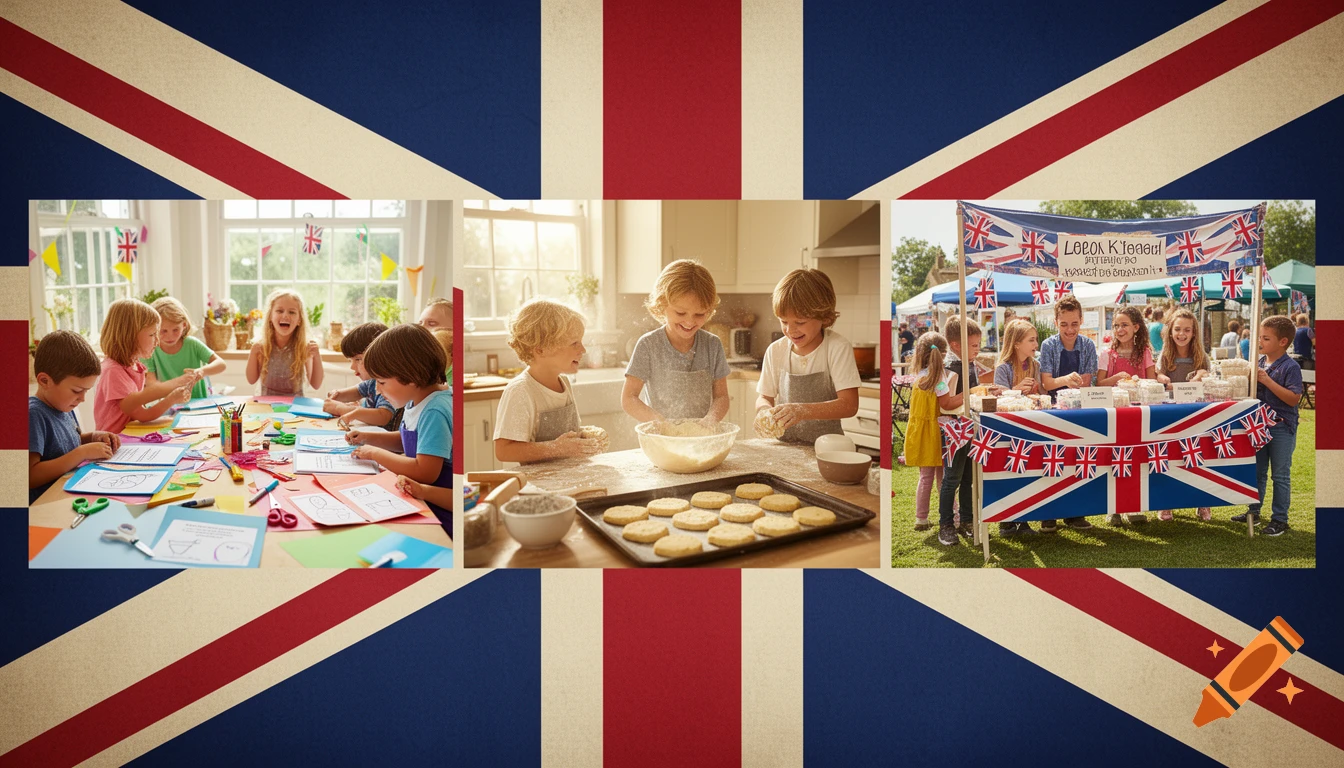 Three panels overlaid on a Union Jack flag: children crafting, children baking shortbread, and children selling shortbread at a stall.
