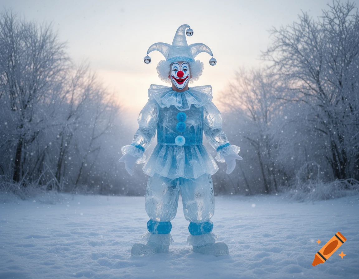 A clown in a shimmering light blue ice costume and jester hat stands in a snowy winter forest at dawn.