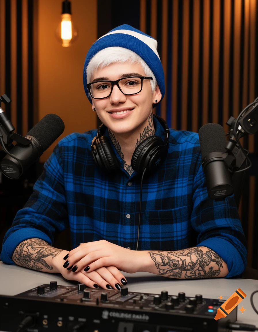 A smiling person with white hair, glasses, tattoos, blue plaid flannel, and a beanie hosts a college radio show with microphones and a mixer.