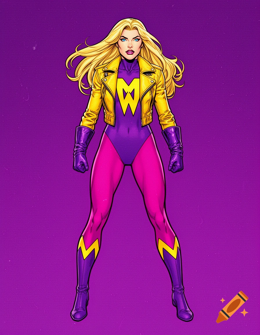 A confident superheroine with long blonde hair and blue eyes, wearing a yellow jacket, purple leotard, magenta tights, and purple boots with yellow accents, featuring an interlocked M and W symbol on her chest. Comic book art style on a purple background.