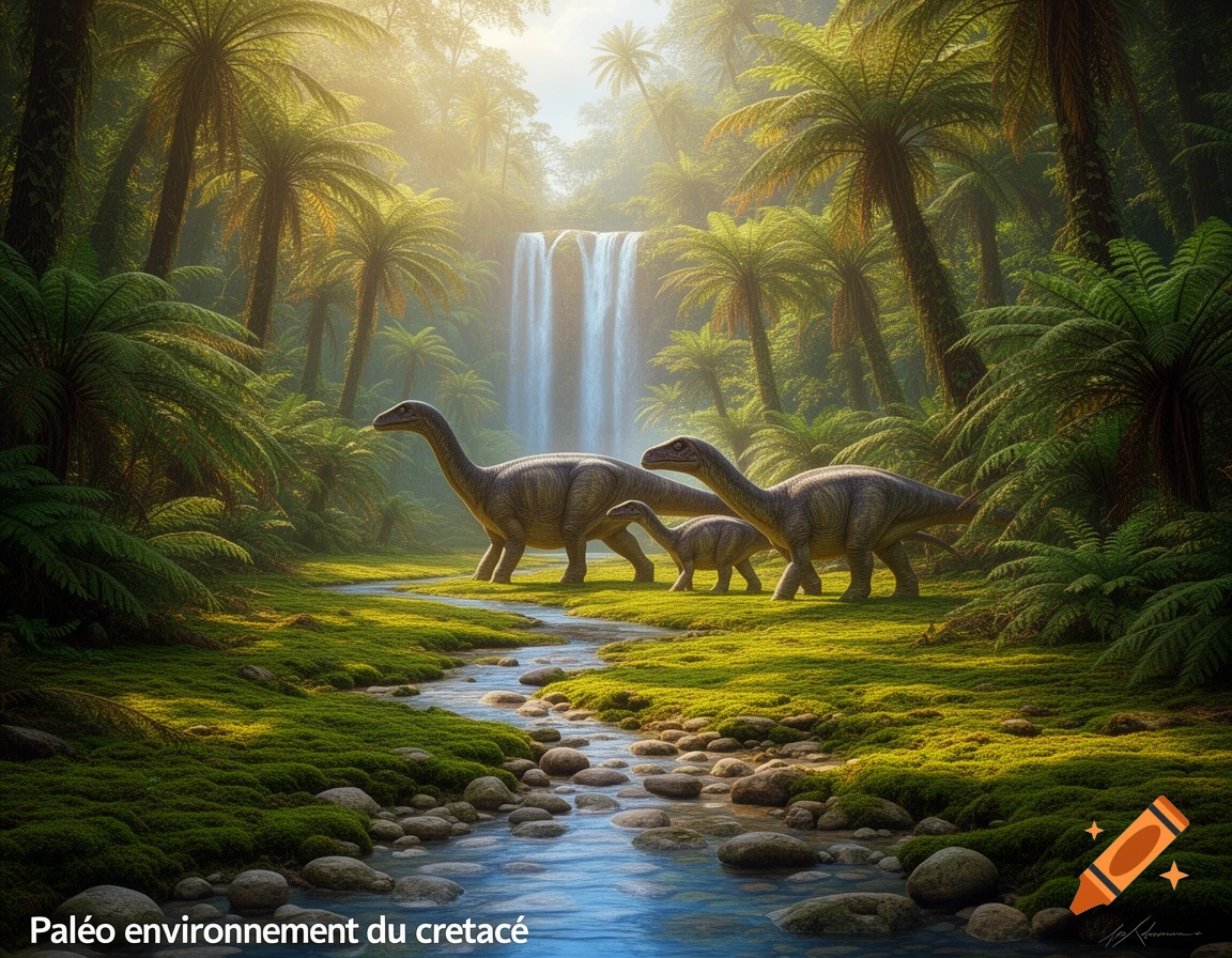 Three sauropod dinosaurs walk by a rocky stream in a lush, sunlit prehistoric jungle with a waterfall.