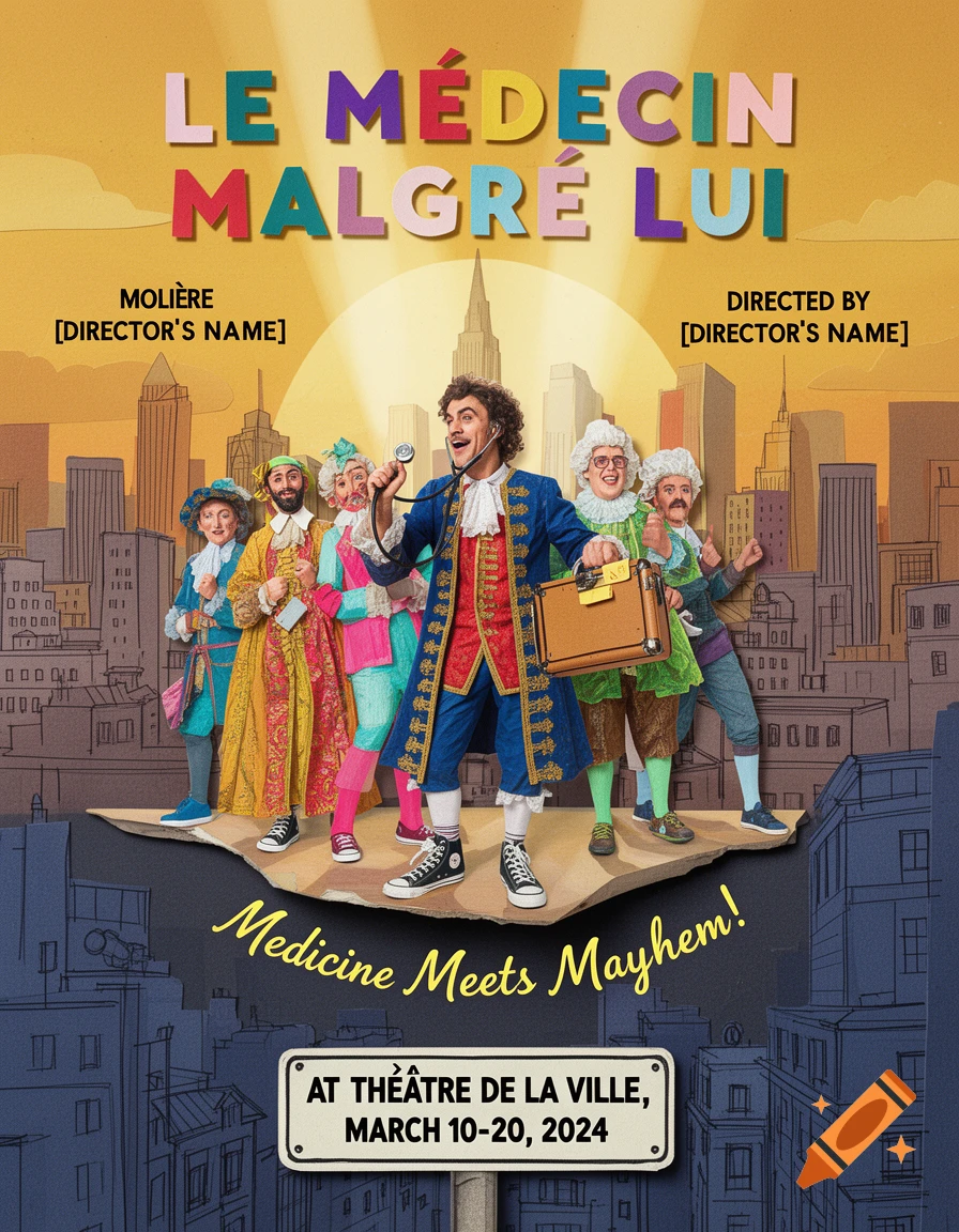 Colorful collage-style theatre poster for 'Le Médecin Malgré Lui', showing period-dressed characters against a modern city skyline.