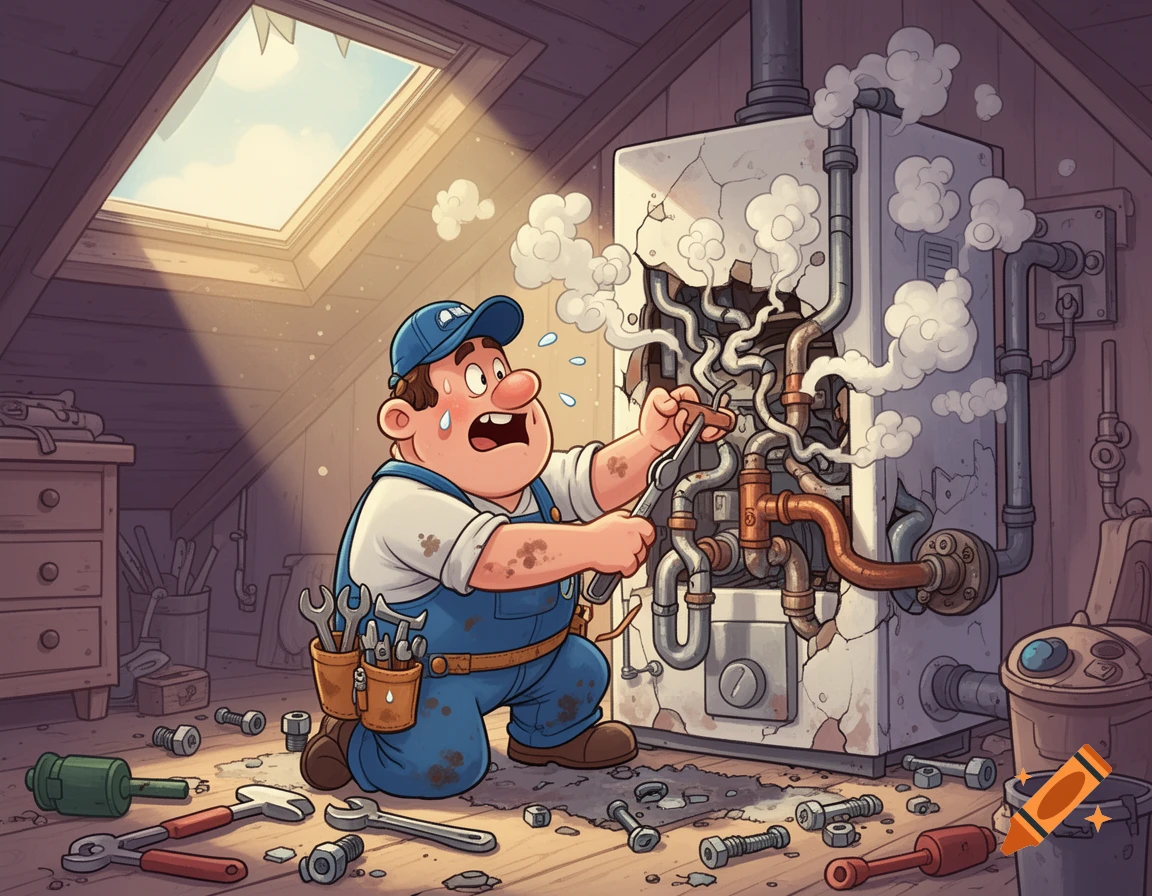 A sweating cartoon plumber in overalls and a cap frantically tries to fix a broken, smoking boiler in an attic with tools scattered around.