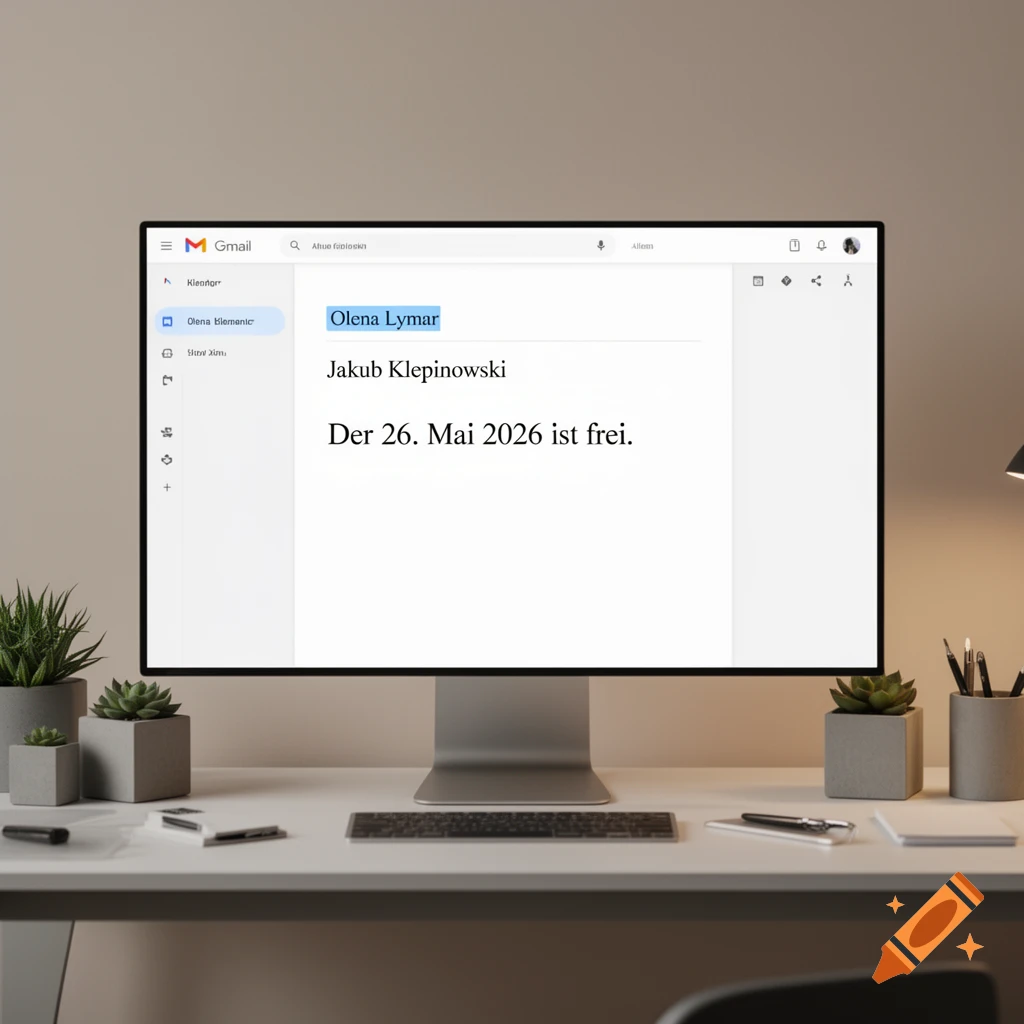 A modern desk setup with a desktop computer displaying a Gmail interface showing an email.
