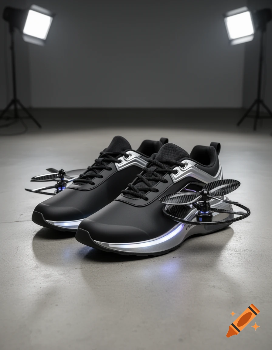 A pair of black and silver futuristic sneakers with drone propellers and glowing blue lights, set in a studio.