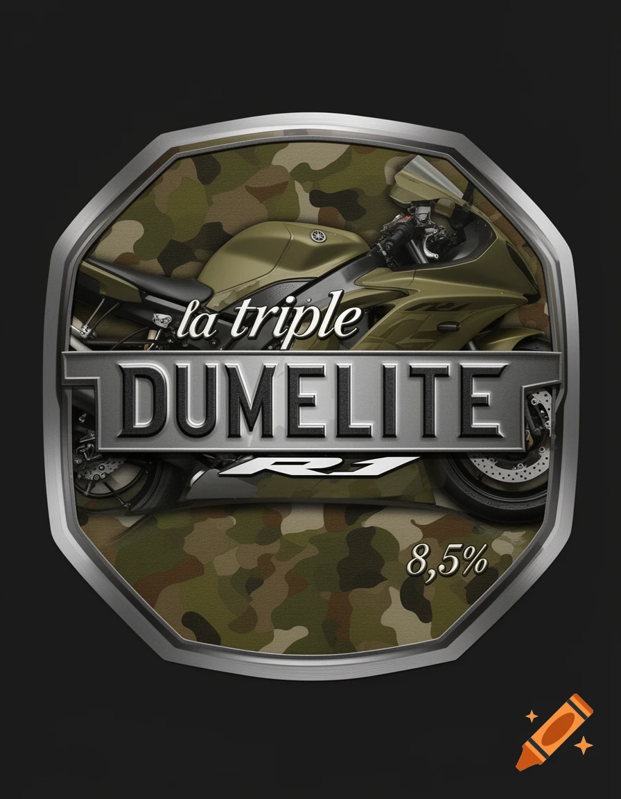 Octagonal beer label with a camouflage background, olive green Yamaha R1 motorcycle, and text 'la triple DUMELITE 8,5%'.