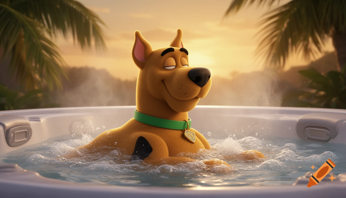 Scooby-Doo relaxing in a steaming hot tub with a tropical sunset background in 3D animation style.